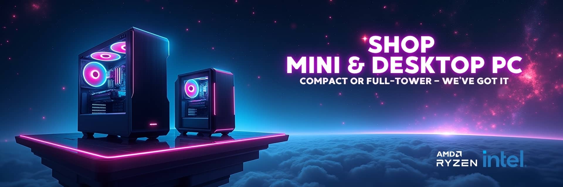 Mini and desktop PCs banner featuring Intel Core i9, i7, i5, i3, Celeron, and AMD Ryzen processors for high-performance computing – Vorax South Africa