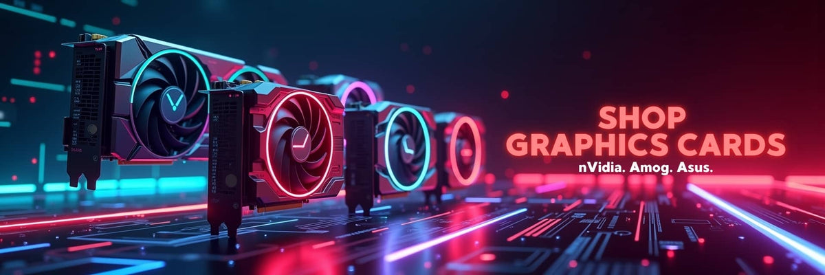 Graphics cards banner featuring NVIDIA GeForce RTX and AMD Radeon RX cards for gaming and creative work – Vorax South Africa