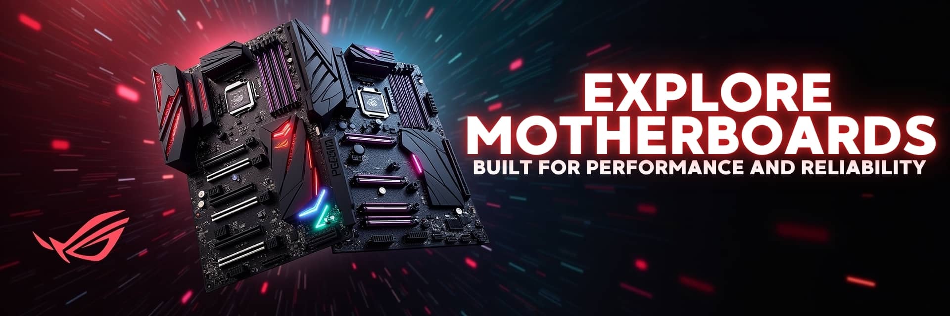 Motherboards banner featuring ASUS Prime and ASUS ROG models for high-performance gaming and custom PC builds – Vorax South Africa.