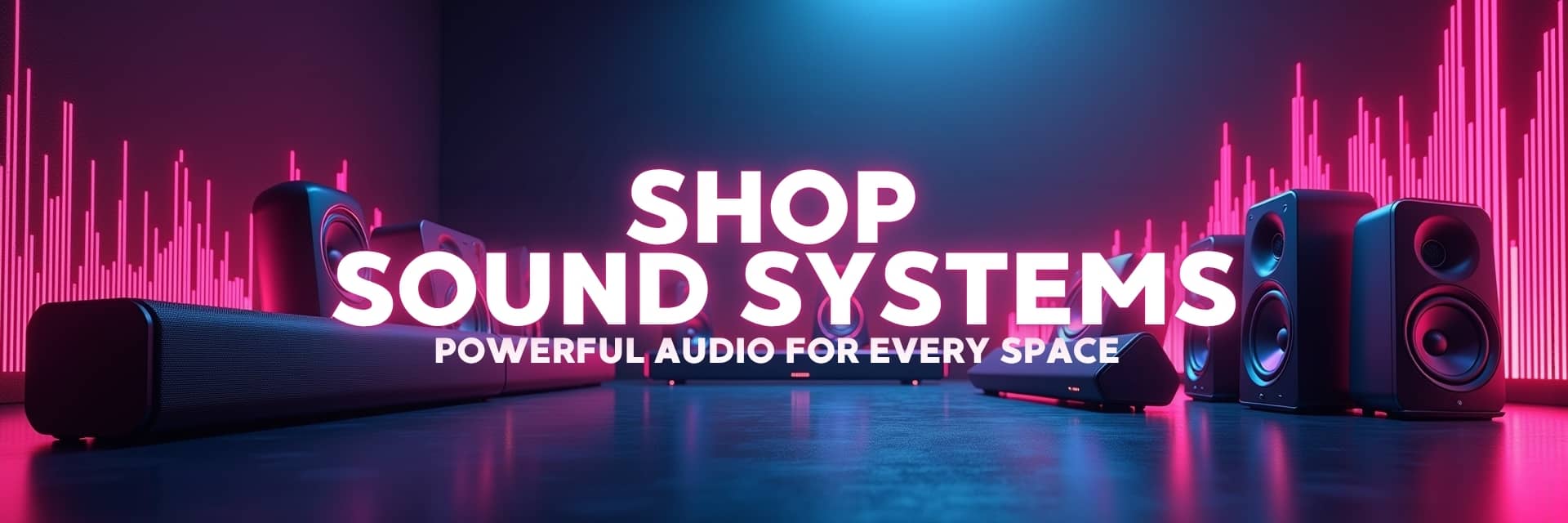 Speakers and audio collection featuring soundbars and subwoofers with vibrant lighting and powerful sound systems