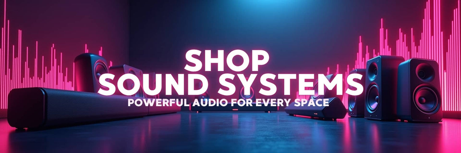 Speakers and audio collection featuring soundbars and subwoofers with vibrant lighting and powerful sound systems