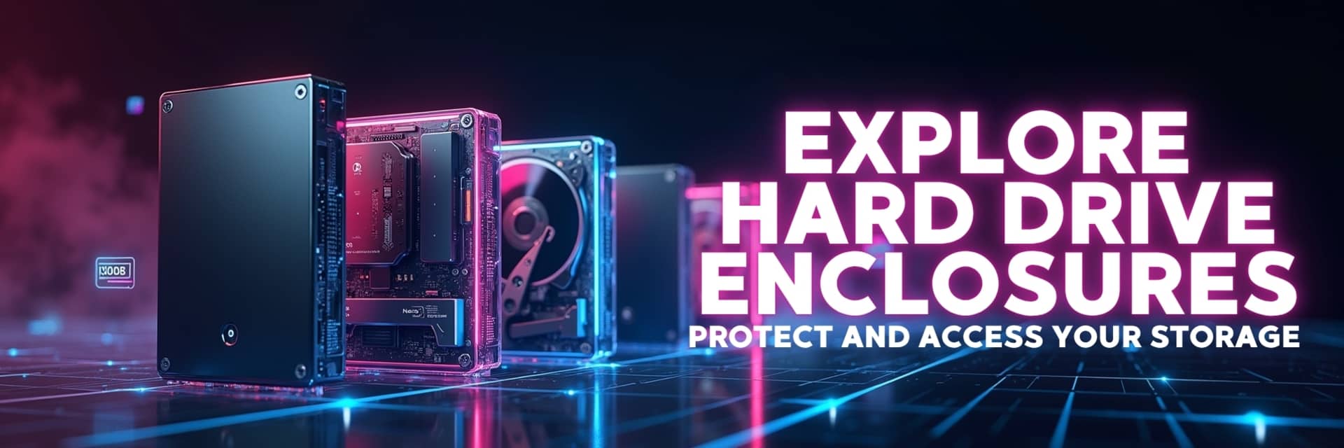 Hard drive enclosures banner showcasing USB and SATA enclosures for HDDs and SSDs in portable and durable designs – Vorax South Africa.