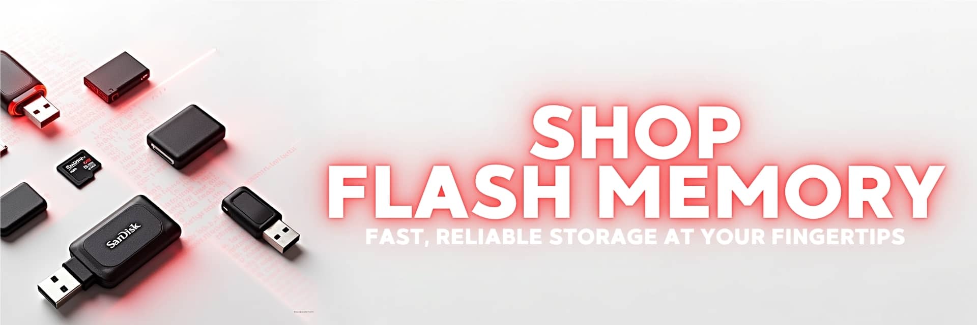 Flash memory banner featuring SanDisk, Apacer, Kingston, and Sony USB drives and memory cards for fast and portable data storage – Vorax South Africa.