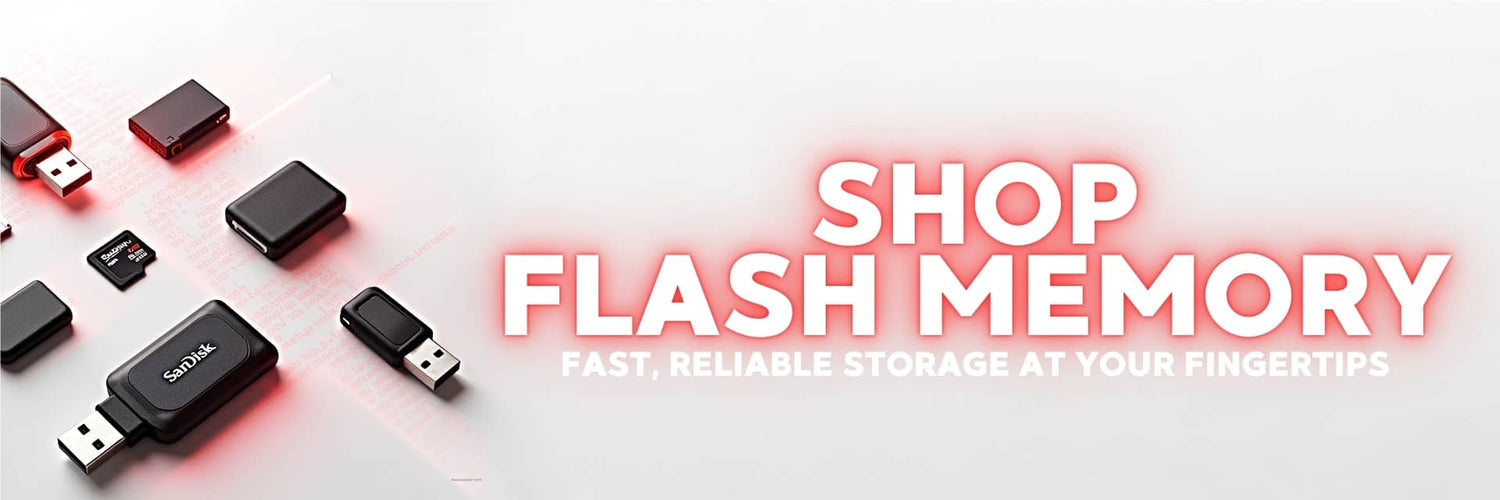 Flash memory banner featuring SanDisk, Apacer, Kingston, and Sony USB drives and memory cards for fast and portable data storage – Vorax South Africa.