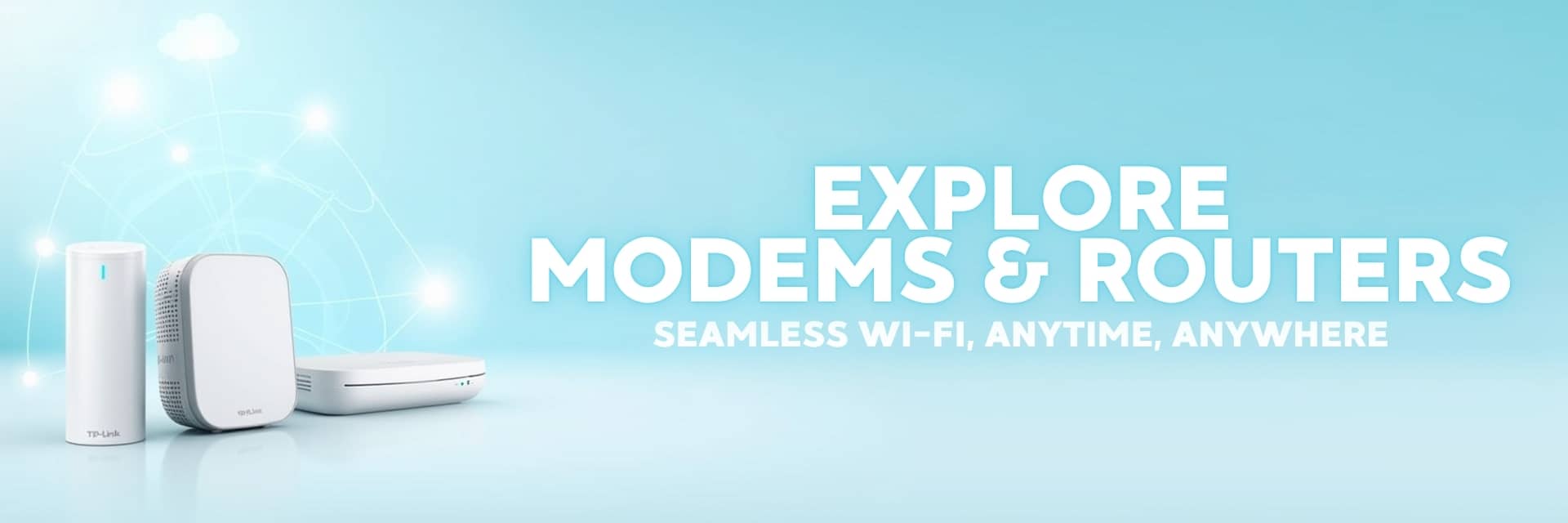 Modems and routers banner featuring TP-Link, ZTE, Intellinet, HP, Mercusys, Vodafone, and Micronet networking devices for fast and reliable internet – Vorax South Africa