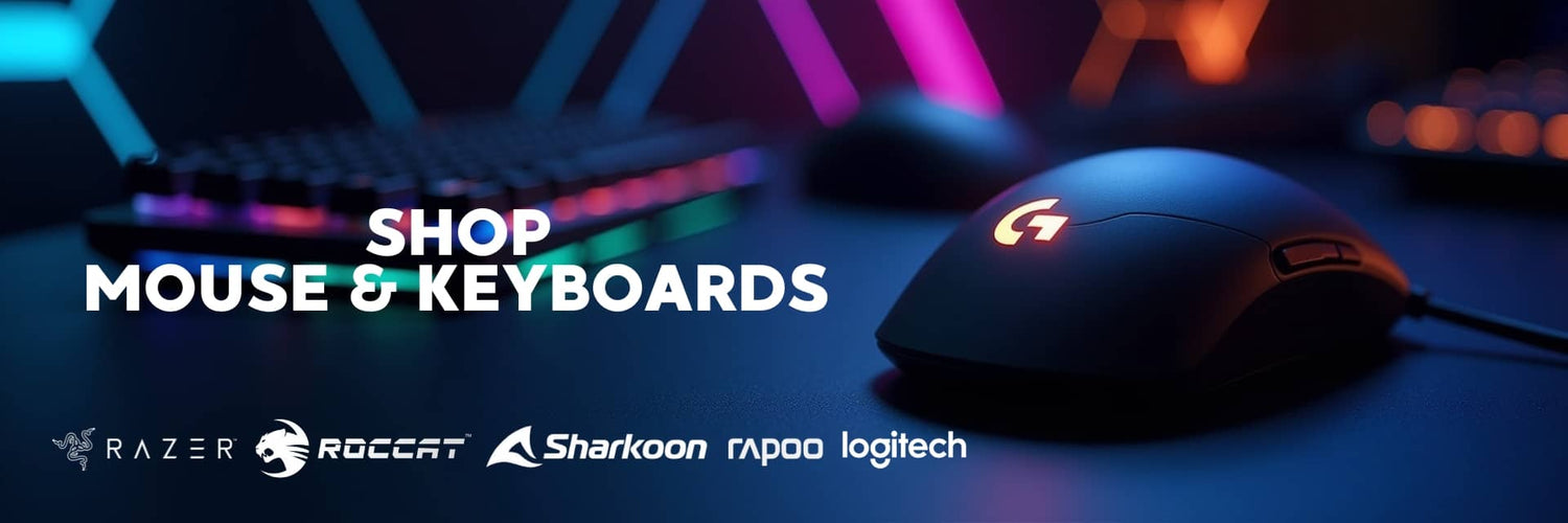 Keyboards and mice banner featuring Logitech, Razer, Roccat, KWG, Dell, HP, Rapoo, Gamdias, and Sharkoon for work and gaming – Vorax South Africa.