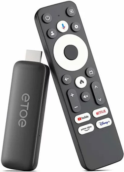 ETOE T2 Google Android Smart TV Stick with HDMI, voice control, and streaming apps.