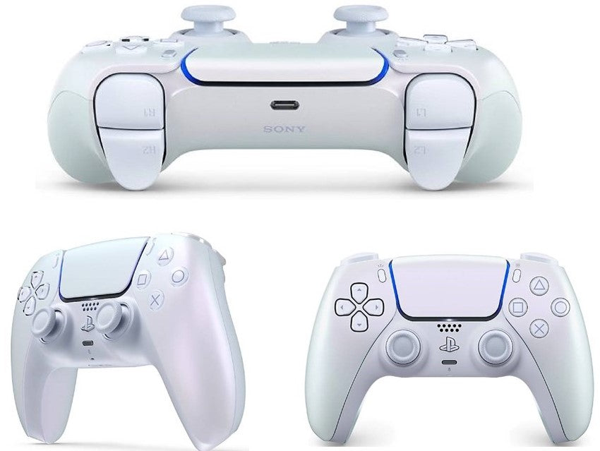 Sony PS5 DualSense Wireless Controller in Chroma Pearl, showcasing customizable features and sleek design.
