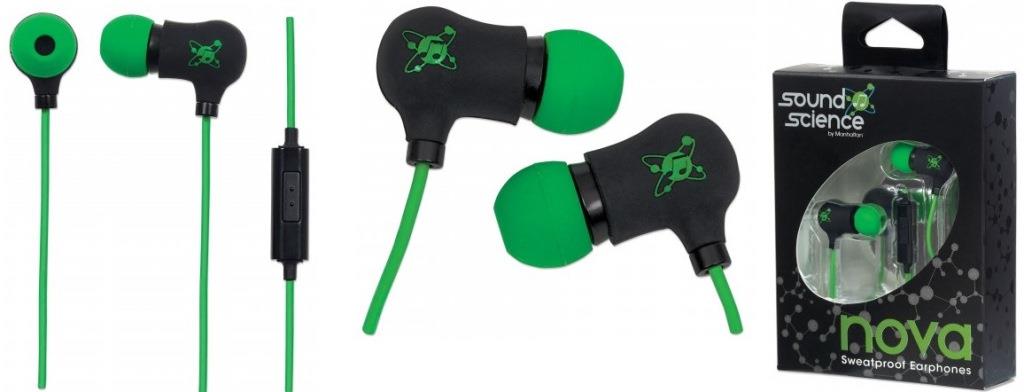 Manhattan Sound Science Nova Sweatproof Earphones in black-green with in-line mic and silicone tips for a secure fit.