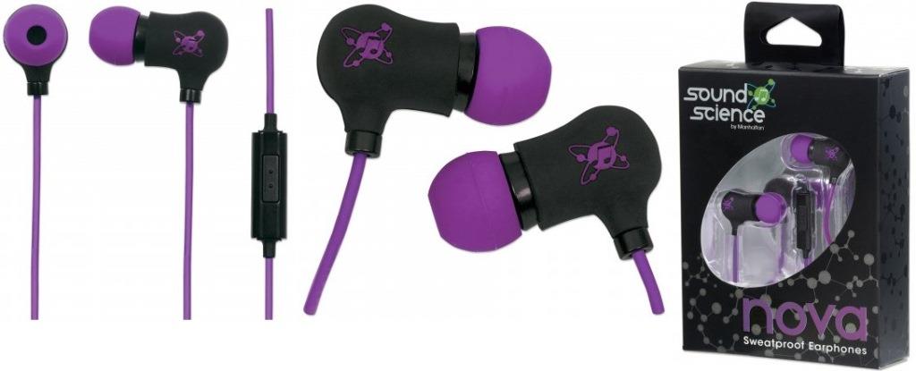 Manhattan Black-Purple Sound Science Nova Sweatproof Earphones with in-line mic and silicone tips displayed on a white background.