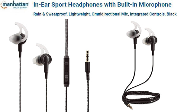 Manhattan In-Ear Sport Earphones with MIC, sweatproof design, and integrated controls for workouts.