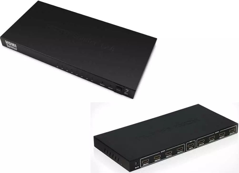 UniQue 4K x 2K Ultra HD 8 Port HDMI Splitter with 8 outputs and LED indicators.
