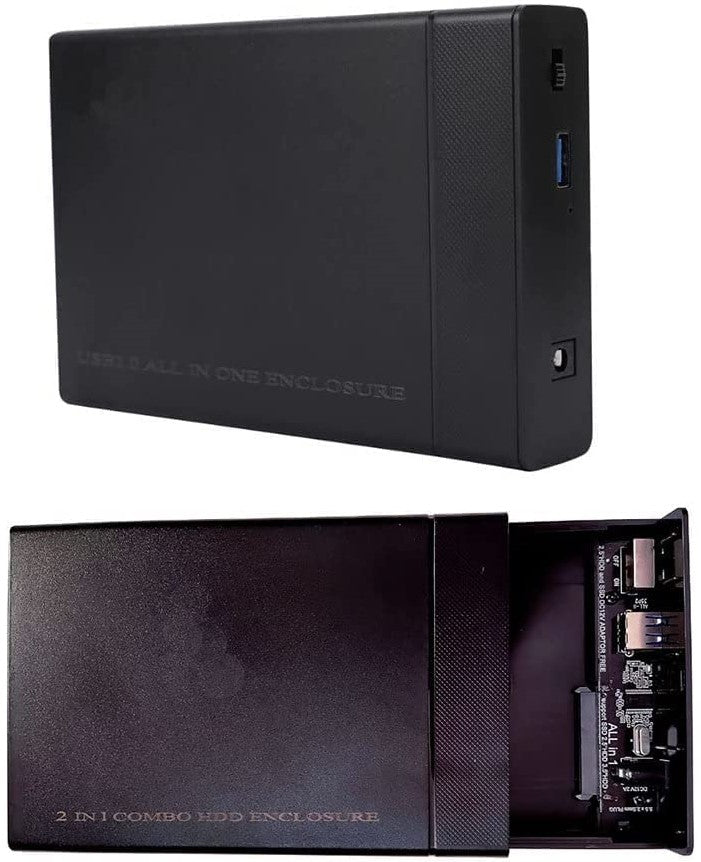 UniQue 2-in-1 USB SATA external hard drive enclosure with LED indicator.