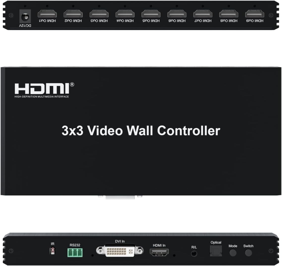 UniQue 3x3 HDMI Video Wall Controller with 9 HDMI outputs and 1080P resolution.