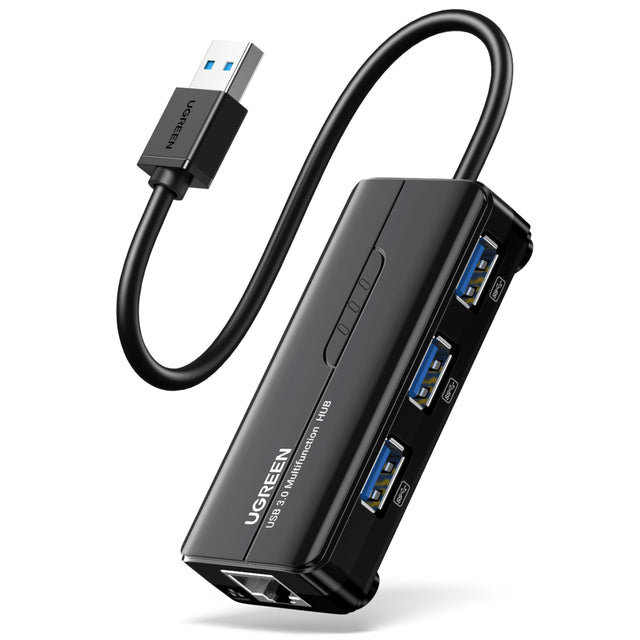 UGreen USB Type-A Male to Ethernet Adapter with 3-Port USB Hub – Black