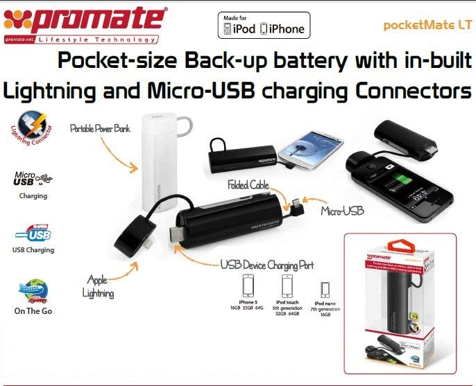 Promate Pocketmate LT portable power bank with Lightning and Micro-USB connectors.