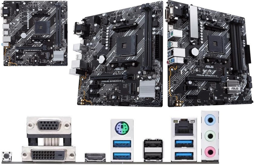 Asus Prime B450M-K II motherboard with AM4 socket, 2 DIMM slots, and multiple connectivity options.