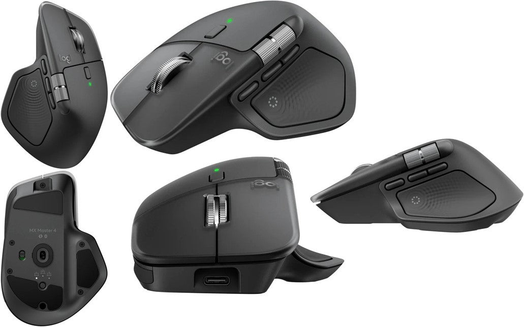 Logitech MX Master 4 Wireless Mouse with 8 buttons, MagSpeed wheel, and customizable features on a white background.