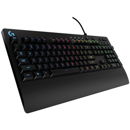 Logitech G213 Prodigy wired gaming keyboard with RGB lighting and integrated palm rest.