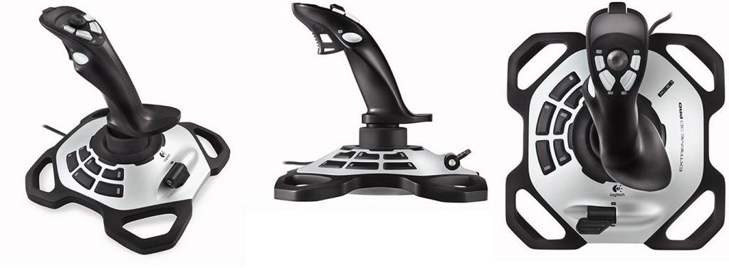 Logitech Extreme 3D Pro Joystick showing 12 buttons and twist handle for gaming.
