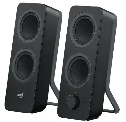 Logitech Z207 2.0 Stereo PC Speakers with Bluetooth, compact design, and controls.