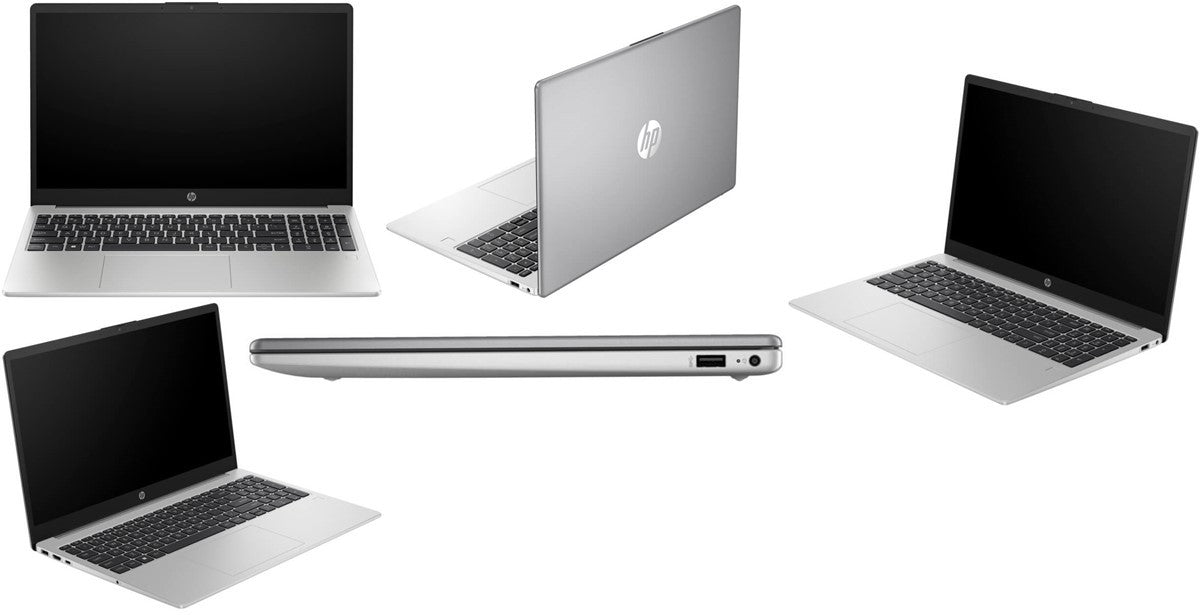 HP 250 G10 Laptop showcasing 15.6" FHD display, Intel Core i3, 8GB RAM, and 512GB SSD in Turbo Silver finish.