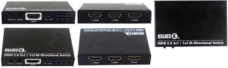 Ellies 3 Port Bi Directional HDMI Switch, supporting 4K @ 60Hz, with multiple HDMI connections.