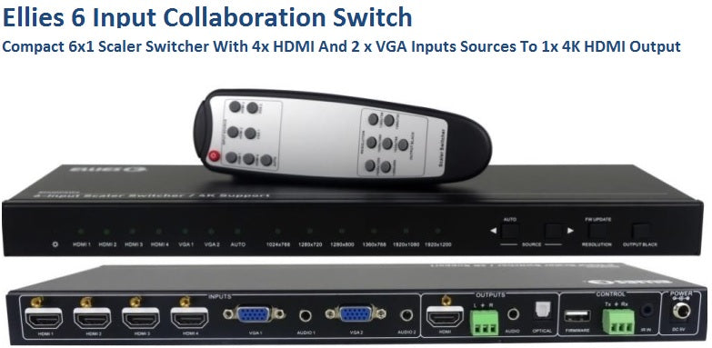 Ellies 6 Input Collaboration Switcher with 4K HDMI output and multiple inputs.