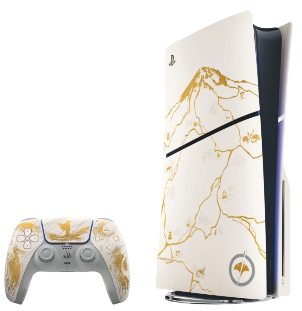 PlayStation 5 Slim Ghost of Yōtei Limited Edition Gold Bundle with custom design.
