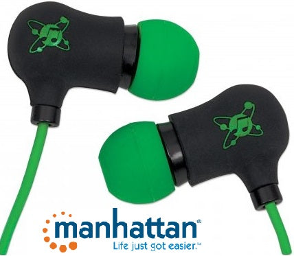 Manhattan Sound Science Nova Sweatproof Earphones in black-green with in-line mic and silicone tips for a secure fit.