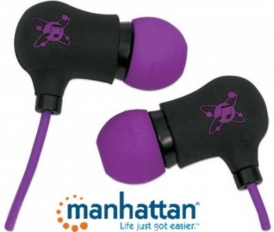 Manhattan Black-Purple Sound Science Nova Sweatproof Earphones with in-line mic and silicone tips displayed on a white background.