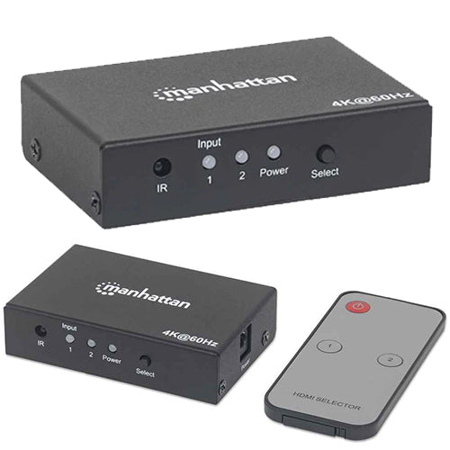 Manhattan 4K 2-Port HDMI Switch with remote control and HDMI connections.