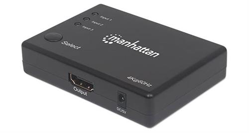 Manhattan 4K Compact 3-Port HDMI Switch with remote control and ports.