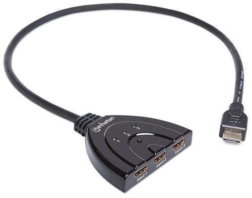 Manhattan 1080p 3-Port HDMI Switch with integrated cable, black design.