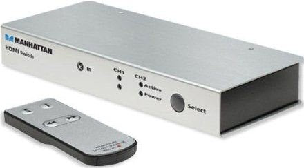 Manhattan HDMI Video Switch 2:1 with remote control and power adapter, ideal for connecting multiple HD devices.
