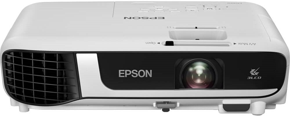Epson EB W51 WXGA Projector showcasing its compact design and connectivity ports. Ideal for presentations and home entertainment.