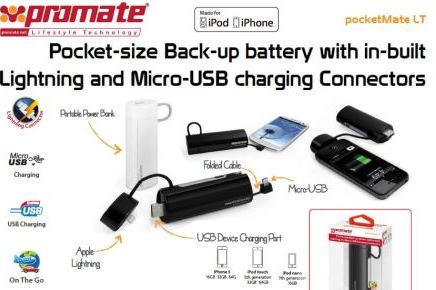 Promate Pocketmate LT portable power bank with Lightning and Micro-USB connectors.
