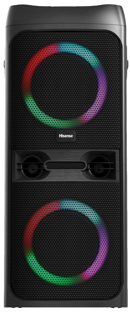 Hisense HP300 DJ Bluetooth Party Speaker with RGB lights and dual woofers.