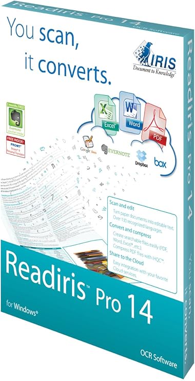 Image of READIRIS PRO 14 WIN software box showcasing its features and design.
