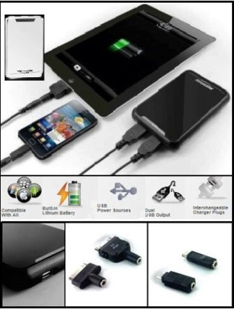 Promate energyMate 6600mAh rechargeable external battery with dual USB outputs and interchangeable tips for mobile devices.