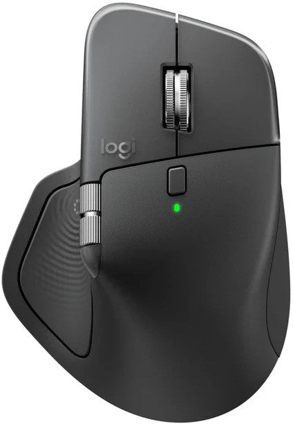 Logitech MX Master 4 Wireless Mouse with 8 buttons, MagSpeed wheel, and customizable features on a white background.