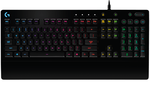 Logitech G213 Prodigy wired gaming keyboard with RGB lighting and integrated palm rest.