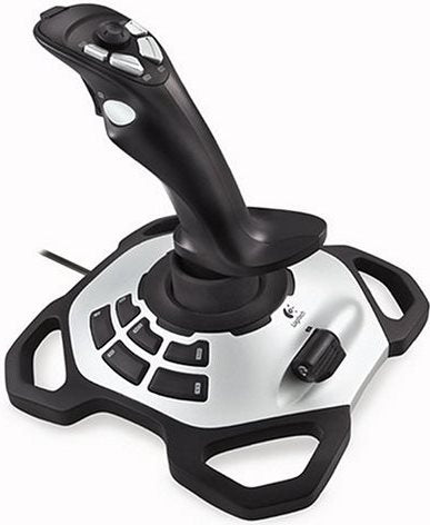 Logitech Extreme 3D Pro Joystick showing 12 buttons and twist handle for gaming.