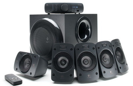 Logitech Z906 5.1 speaker system with 500W power, THX certified, Dolby Digital, and DTS decoding.