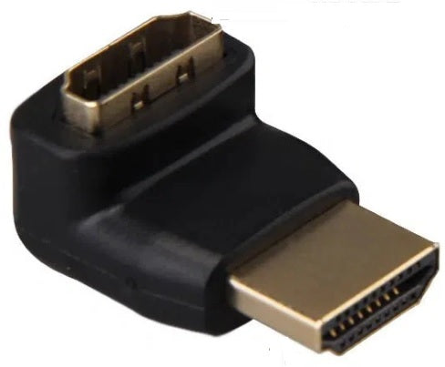 UniQue HDMI Male to Female 90 Degree Adaptor in black, compact design for easy connections.