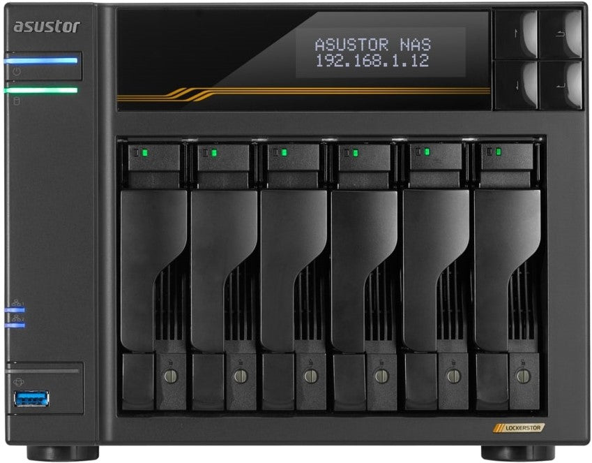 Asustor Lockerstor 6 Gen 3 NAS Enclosure showcasing quad-core CPU and multiple drive slots.