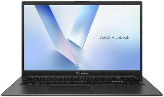 Asus Vivobook Go E1504FA laptop featuring a 15.6-inch FHD display and AMD Ryzen 3 processor, showcasing its sleek design and ports.