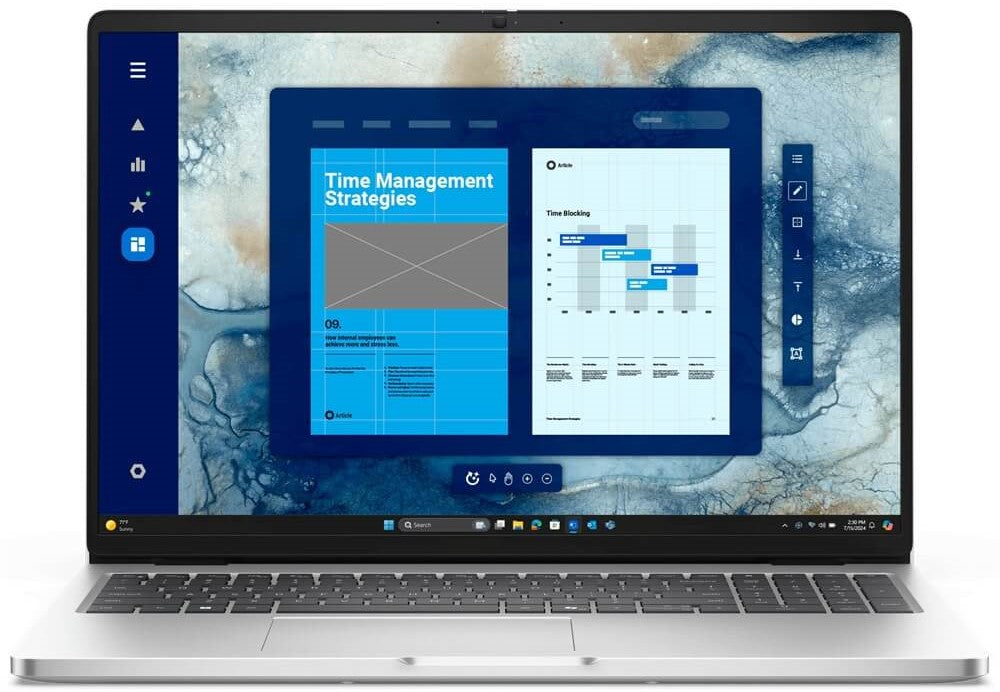 Dell Pro 16 PC16250 Laptop showcasing a sleek design with a 16-inch display and ports for connectivity.
