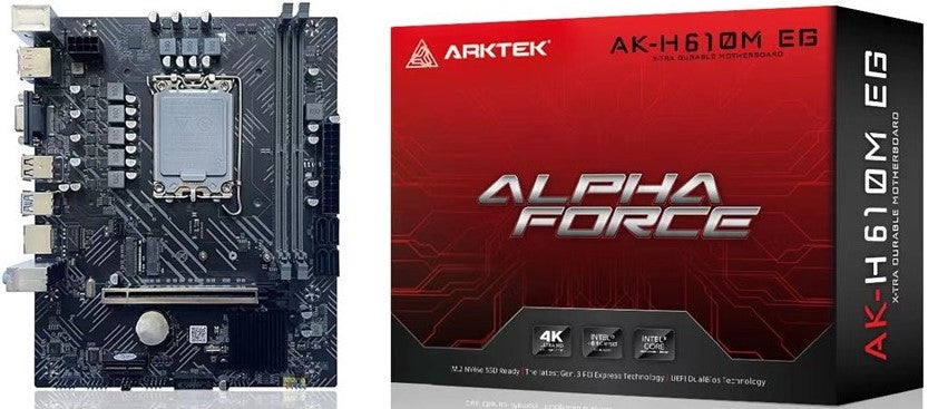Arktek H610 LGA1700 ATX Motherboard with dual-channel DDR4 and HDMI ports.