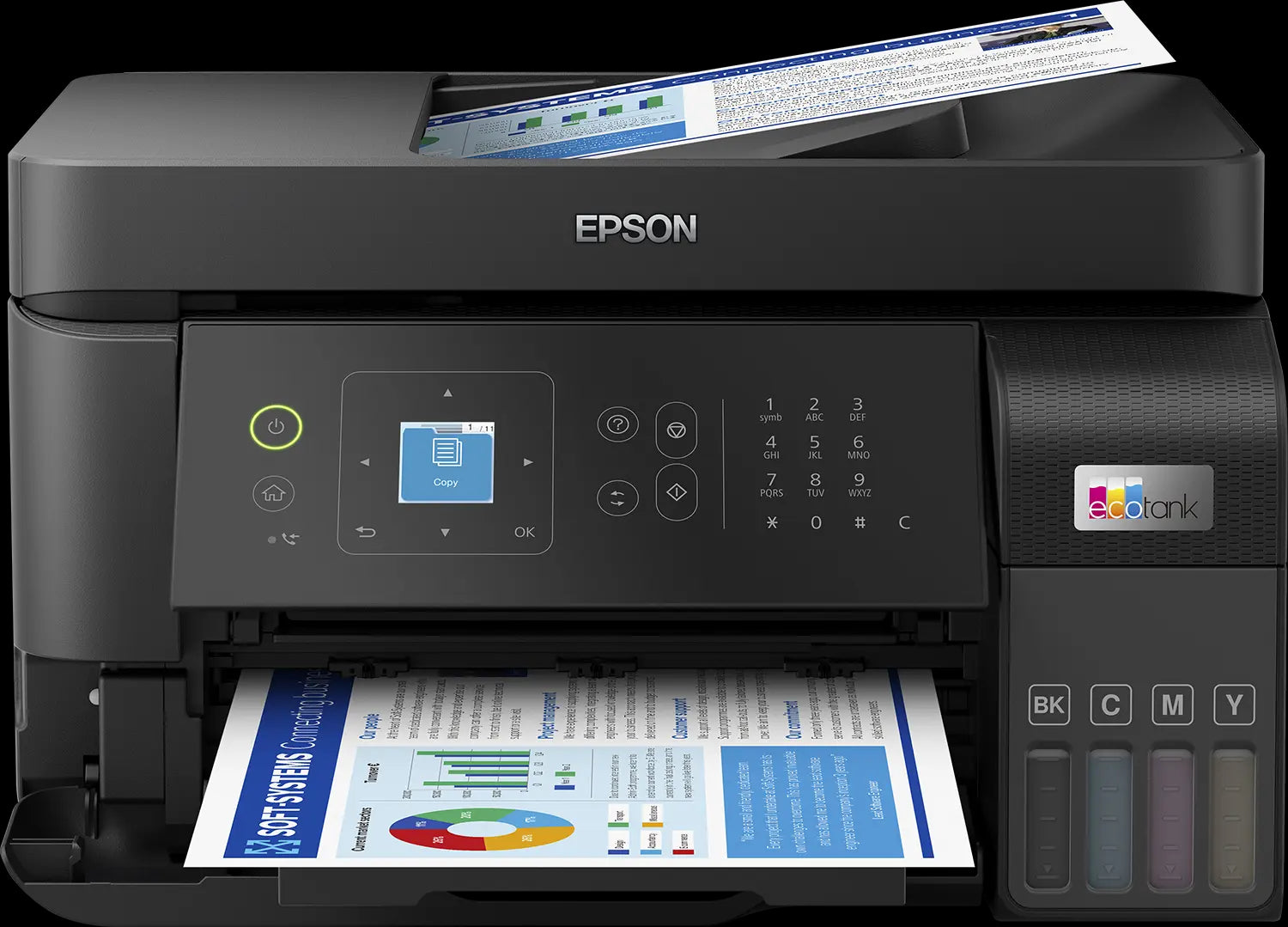 Epson EcoTank L5590 printer with A4 printing, 15ppm speed, and Wi-Fi connectivity.